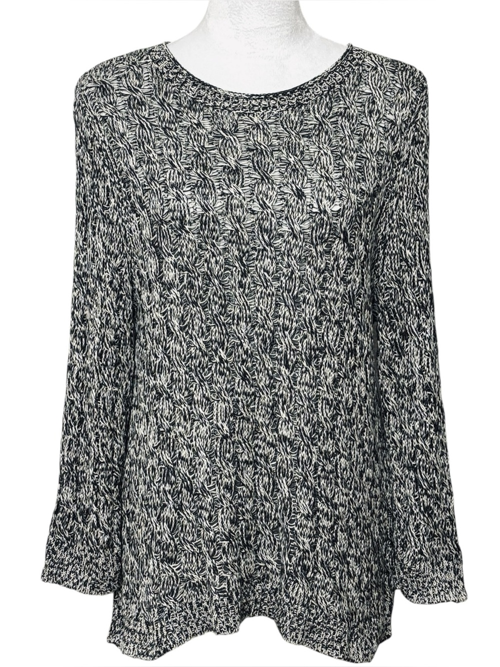 Eileen Fisher Organic Cotton Cable Knit Sweater Size Large Marled Black Gray